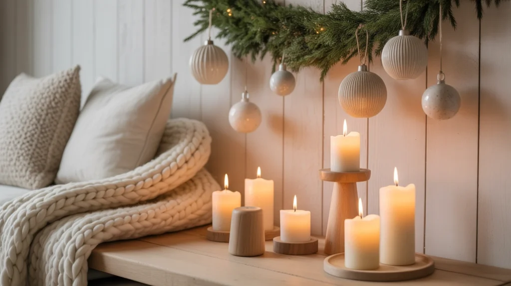 Nordic Christmas color palette featuring soft white and clay tones with ceramic vases and subtle holiday greenery.