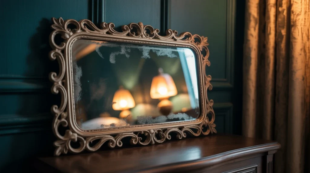 Smoked mirror reflecting candlelight and soft textures for elegant moody bedroom design.