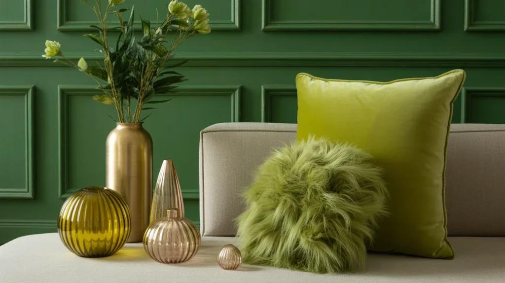 Chartreuse and metallic gold Christmas décor with velvet pillows and glass ornaments.