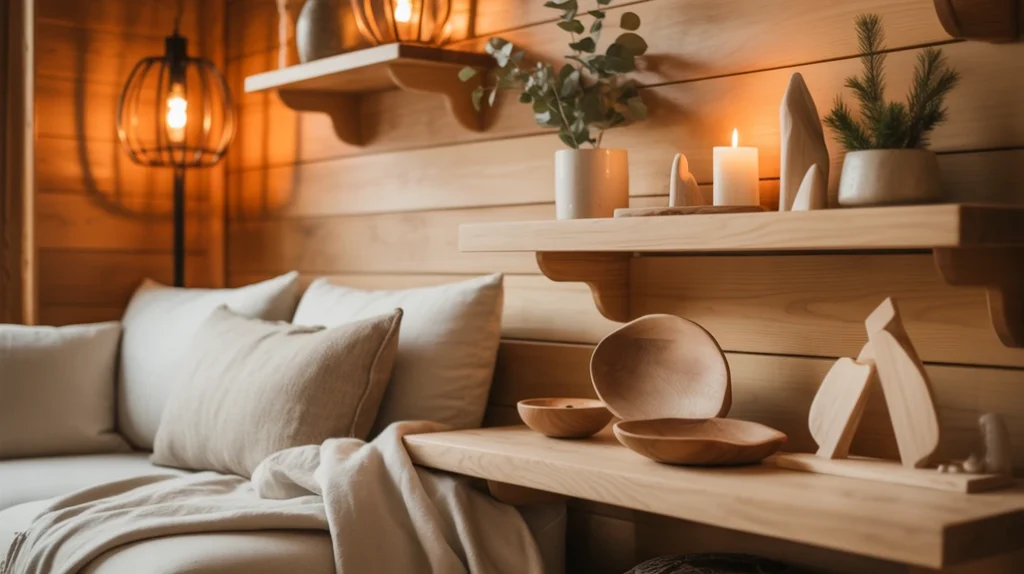 Scandinavian rustic Christmas décor with ivory textiles, natural wood ornaments, and simple greenery.