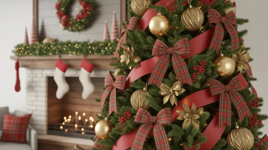 Cozy cottage-style Christmas tree with red and gold ornaments, plaid ribbons, and tartan bows for a warm holiday feel.