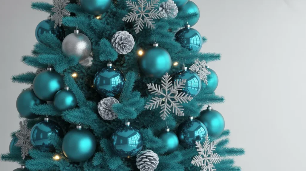 Teal blue and silver Christmas tree with teal ornaments, silver snowflakes, and frosted pinecones in a contemporary living room.