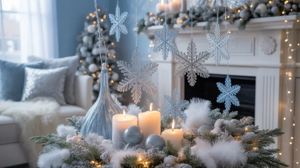 Baby-blue and silver Christmas theme with crystal ornaments, feathers, and frosted garlands for a dreamy winter look.