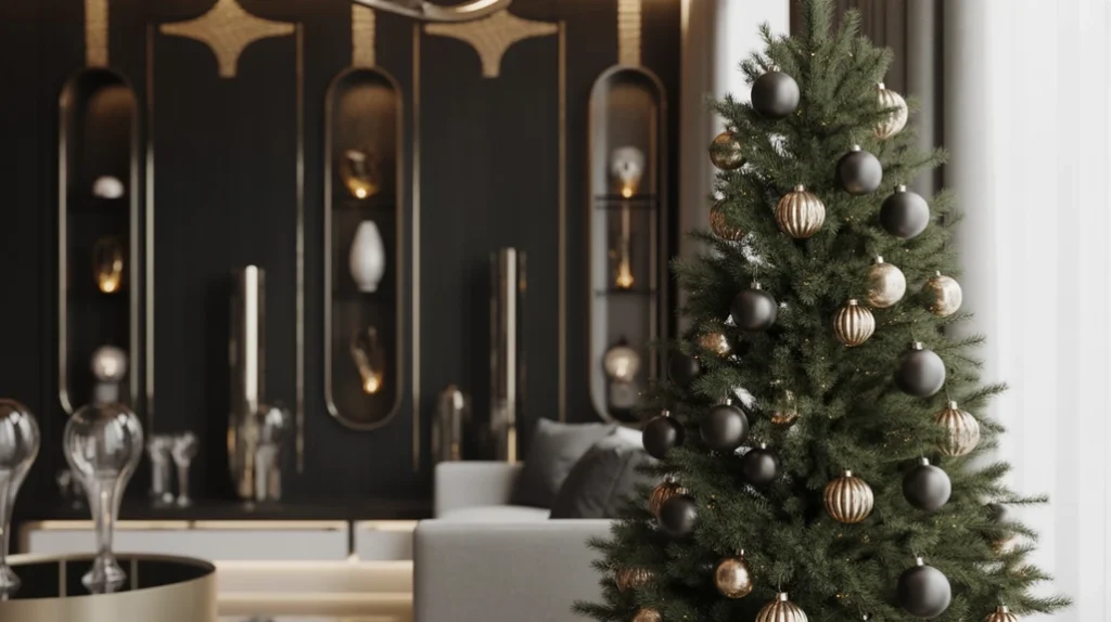 Modern black and gold Christmas color combination with metallic ornaments and minimalist holiday styling.