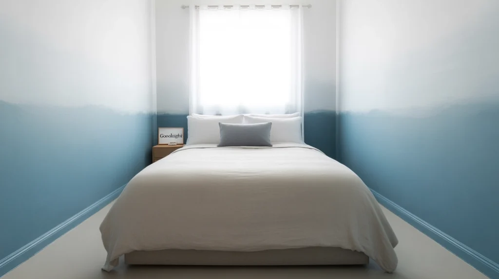 Bedroom with a tufted light blue upholstered headboard and white bedding for a cozy design.