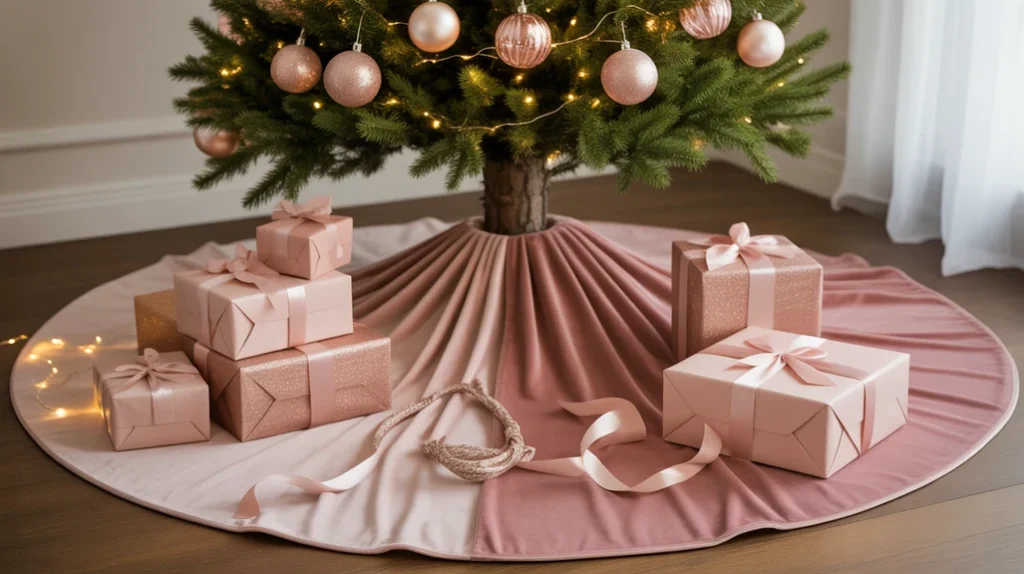 Blush velvet tree skirt with coordinated wrapped presents and fairy lights under a Christmas tree.