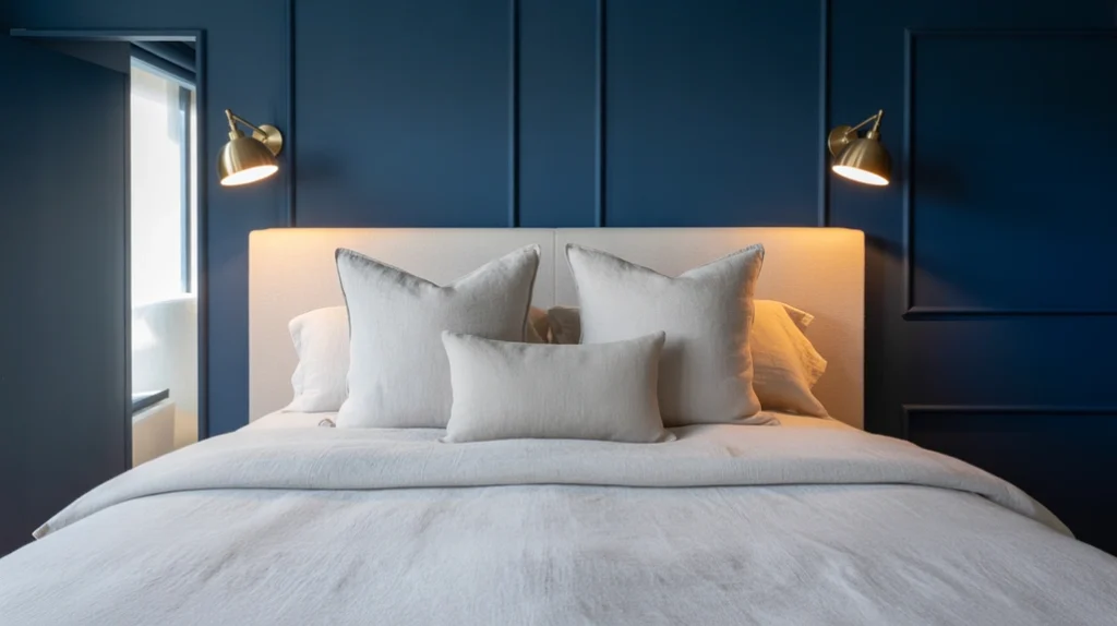 Bedroom accent wall painted navy blue with brass sconces and neutral bedding