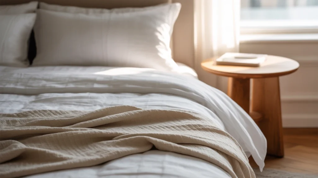 “Soft rumpled white linen bedding, beige throw, minimal wooden side table, sunlight and calm tone”