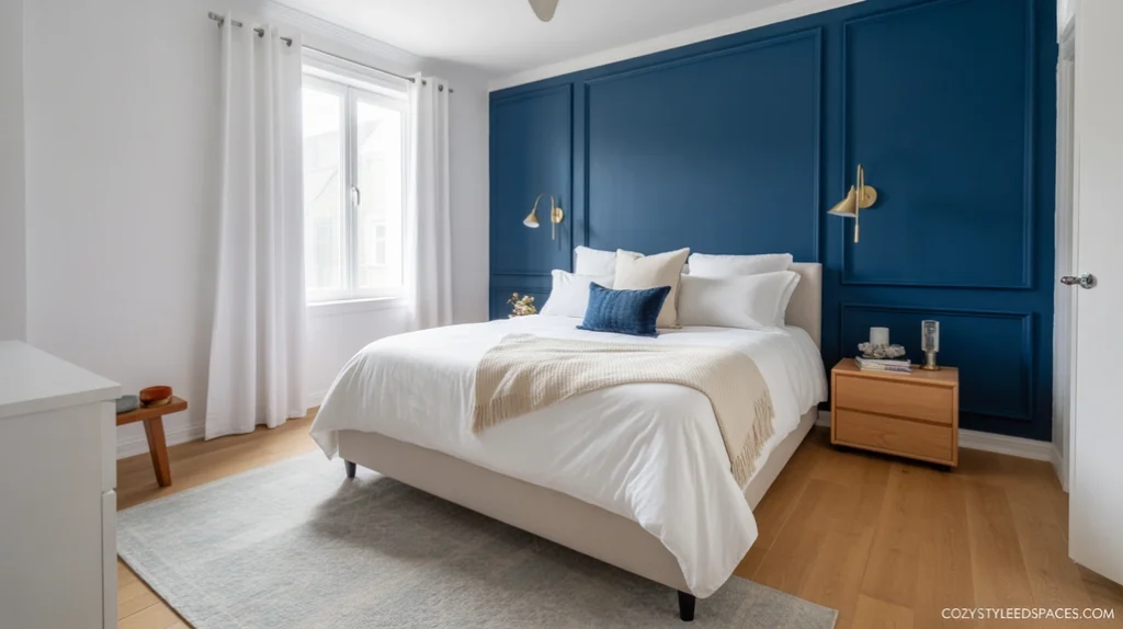 Dark navy accent wall with white bedding and brass sconces in a sophisticated blue and white bedroom.