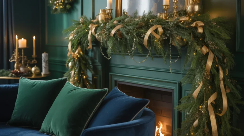Deep green and navy Christmas decorations creating timeless winter depth and cozy holiday sophistication.
