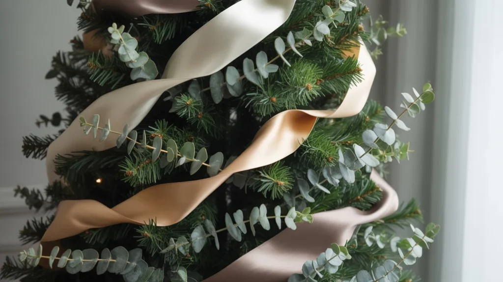 “Christmas tree decorated with eucalyptus garland and silk ribbon”