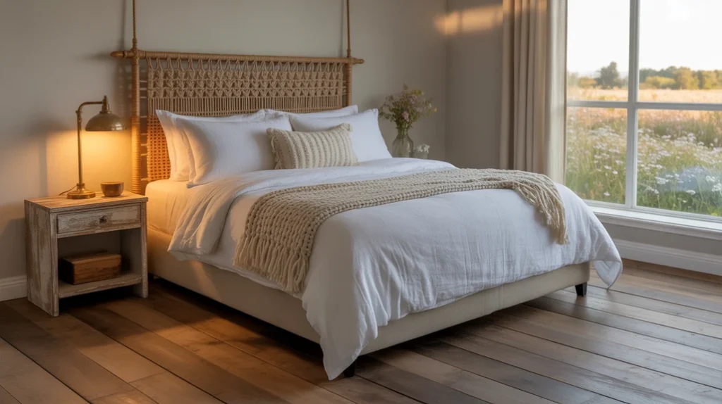 Modern farmhouse bedroom décor blending rustic wood and contemporary style.