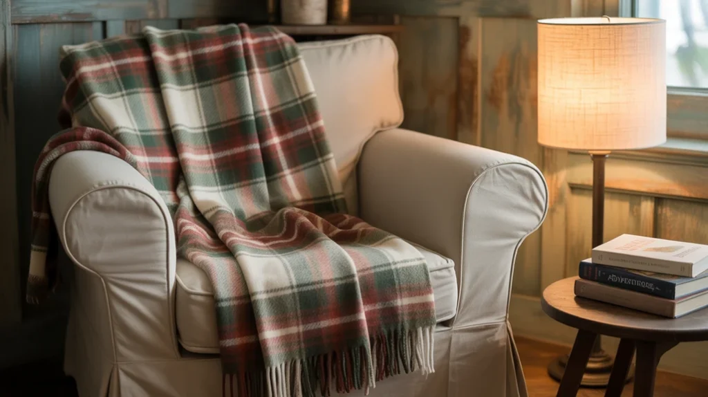 Cozy farmhouse reading nook with armchair, plaid throw, and warm lamp