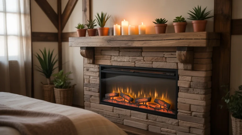 Rustic bedroom with an electric fireplace creating a cozy retreat for relaxing nights.