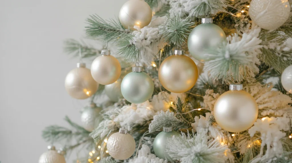 mint green and ivory christmas color palette 2025 featuring pearl ornaments and soft winter pastels for serene interiors.