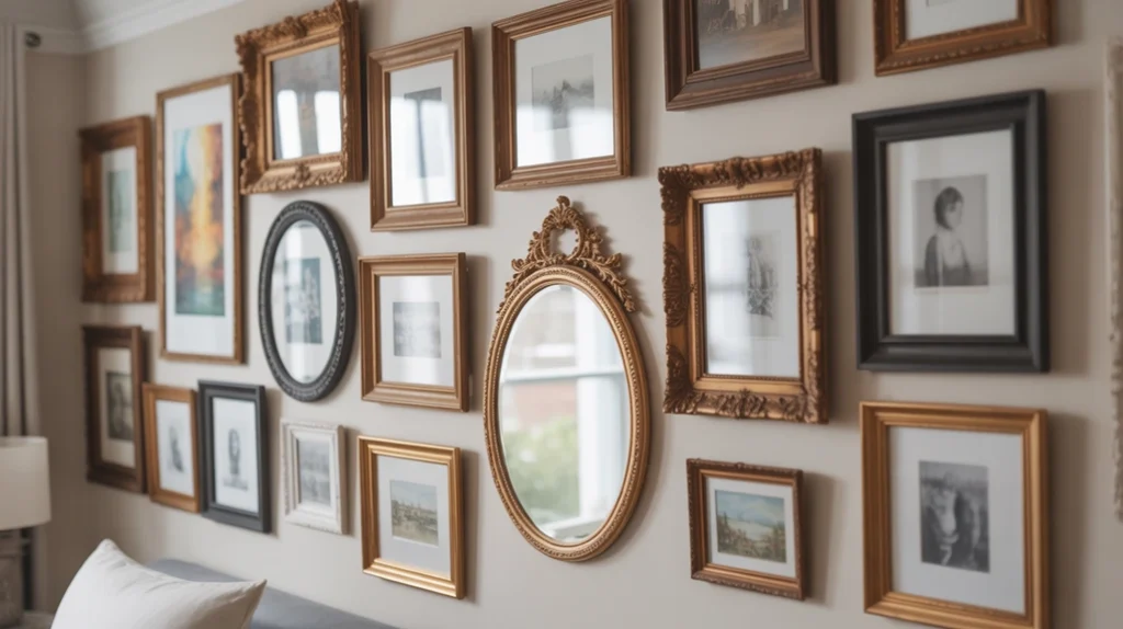 Creative gallery wall telling a personal story in eclectic bedroom design ideas.