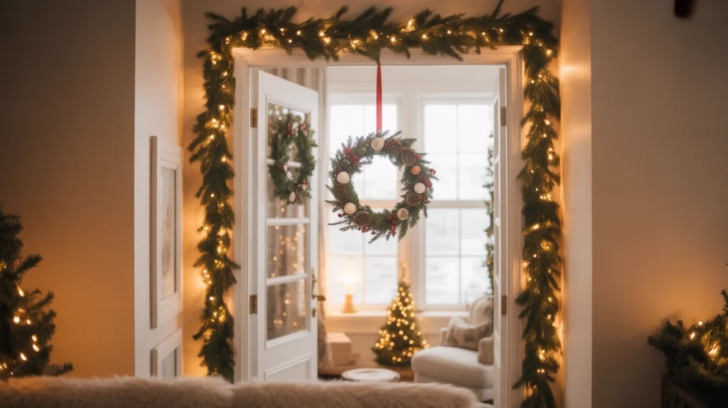 Christmas garlands and wreaths with fairy lights for festive living room decor ideas