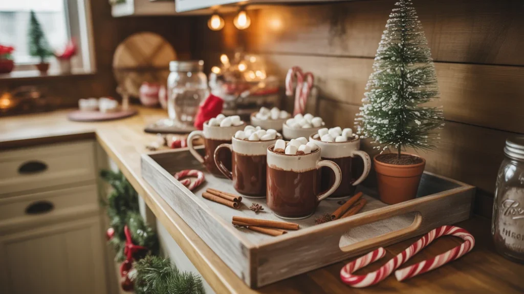 Cozy hot cocoa bar setup with mugs, marshmallows, and pine accents in rustic cabin Christmas home