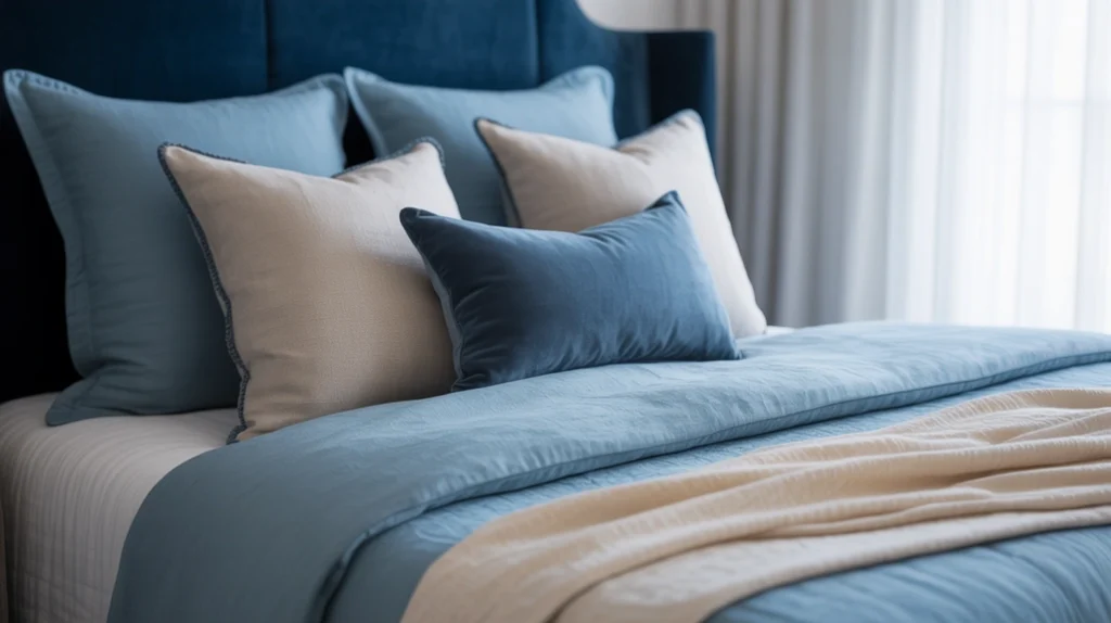 Layered blue bedding with cream throws adding depth to a blue and cream bedroom setup.