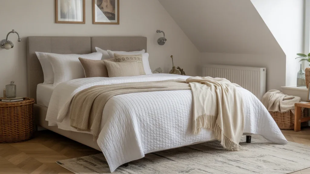 layered-bedding-textiles-attic-bedroom – attic bedroom ideas with layered bedding, throws, and cushions for cozy luxury