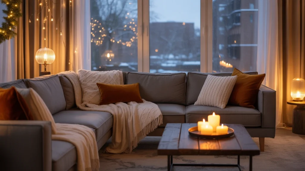 Layered Christmas lighting in a modern living room with lamps, fairy lights, and candles.