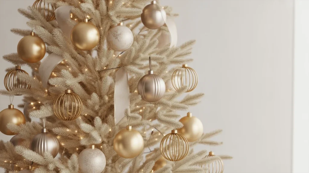 Neutral Christmas tree with brushed gold and champagne metallic ornaments for elegant holiday styling.