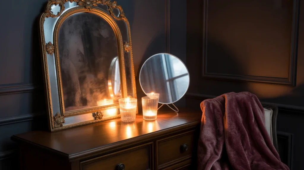 Moon mirror reflecting candlelight in dark witchy room.