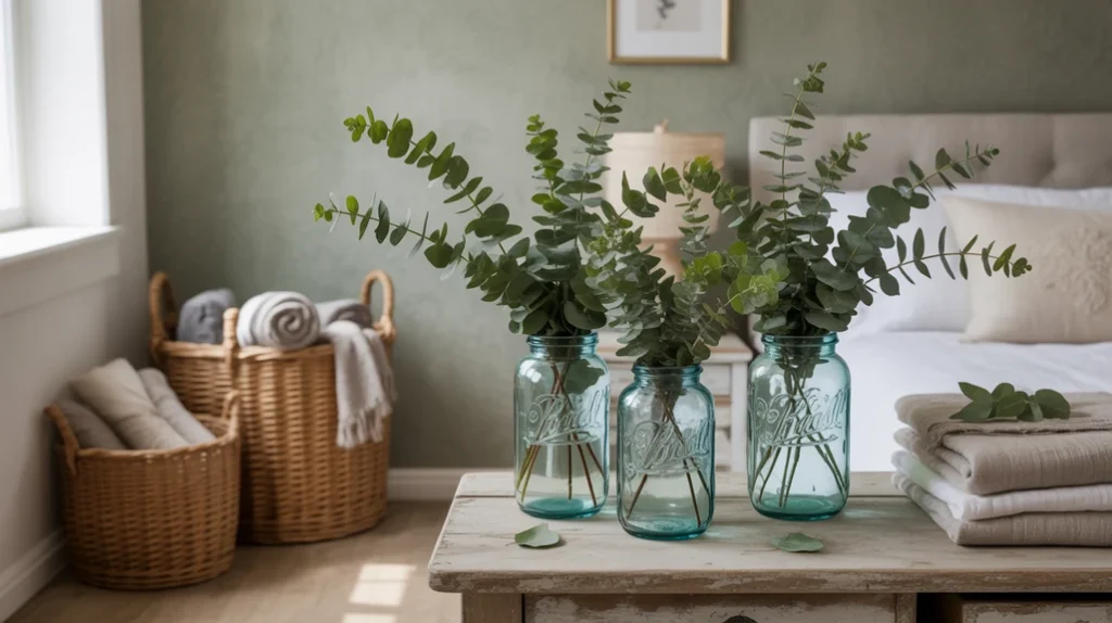 Greenery in mason jars and rustic planters adding freshness to farmhouse bedroom décor.