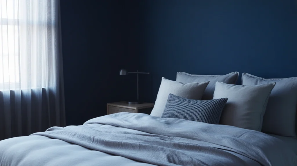 Navy blue bedroom with soft gray bedding and decor.