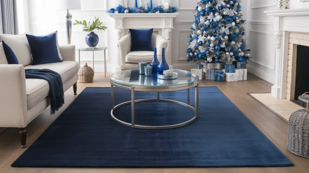 Navy rug anchoring a modern silver and blue Christmas living room décor with frosted holiday tree.