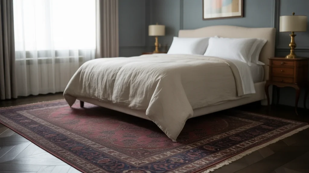 Moody bedroom with rich patterned rug in jewel tones.