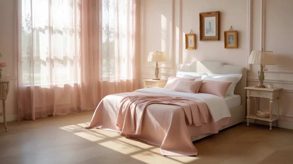 Pink and white bedroom with feminine gold decor and lace curtains