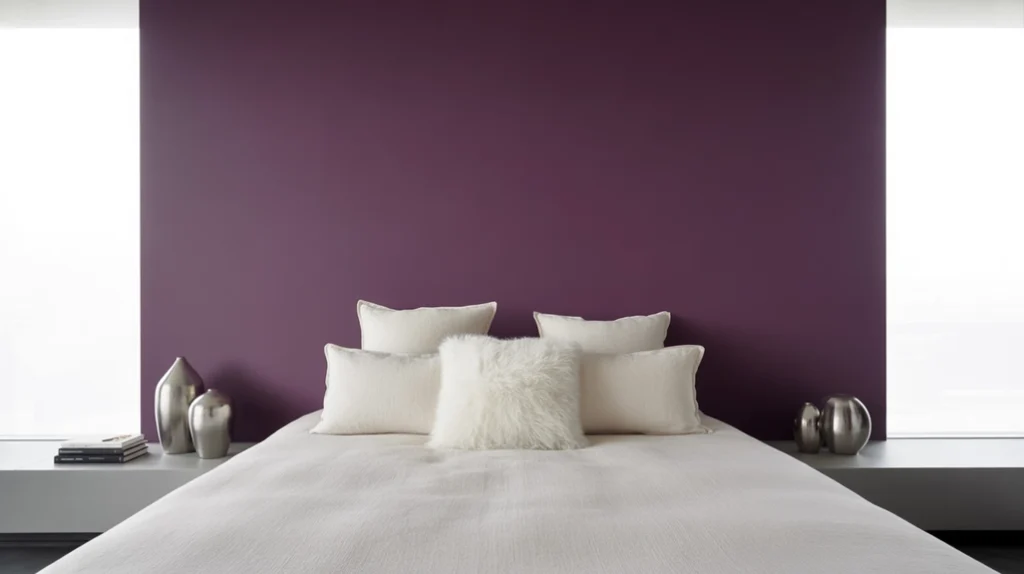 Violet accent wall with neutral bedding for bold contrast — simple yet striking purple bedroom ideas.
