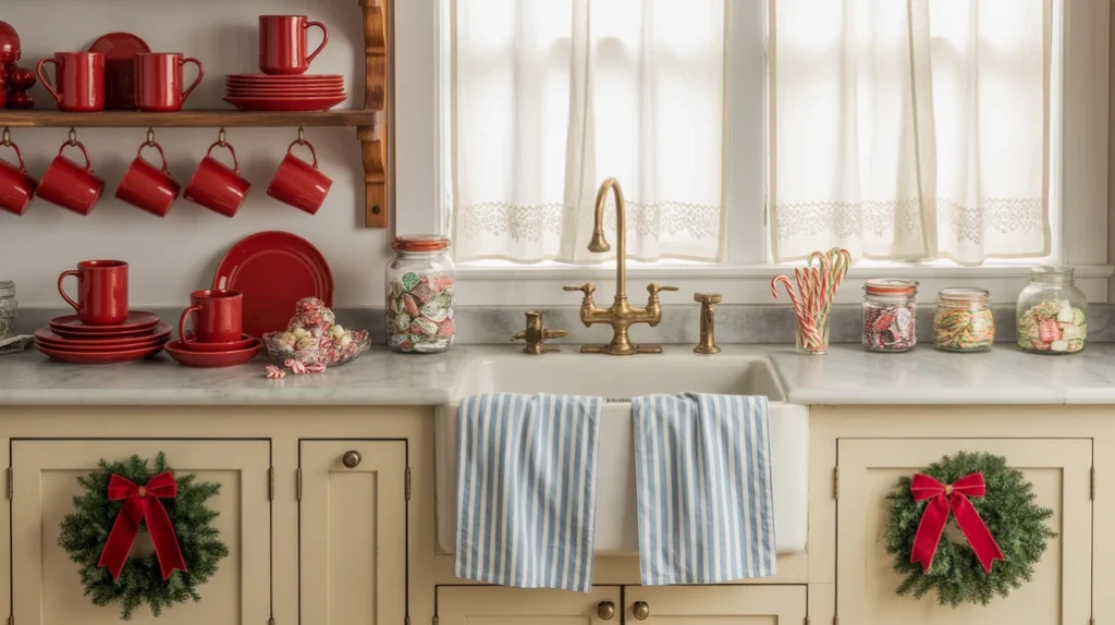 holiday kitchen decor featuring red mugs, striped towels, and candy jars adding festive cheer to everyday spaces.