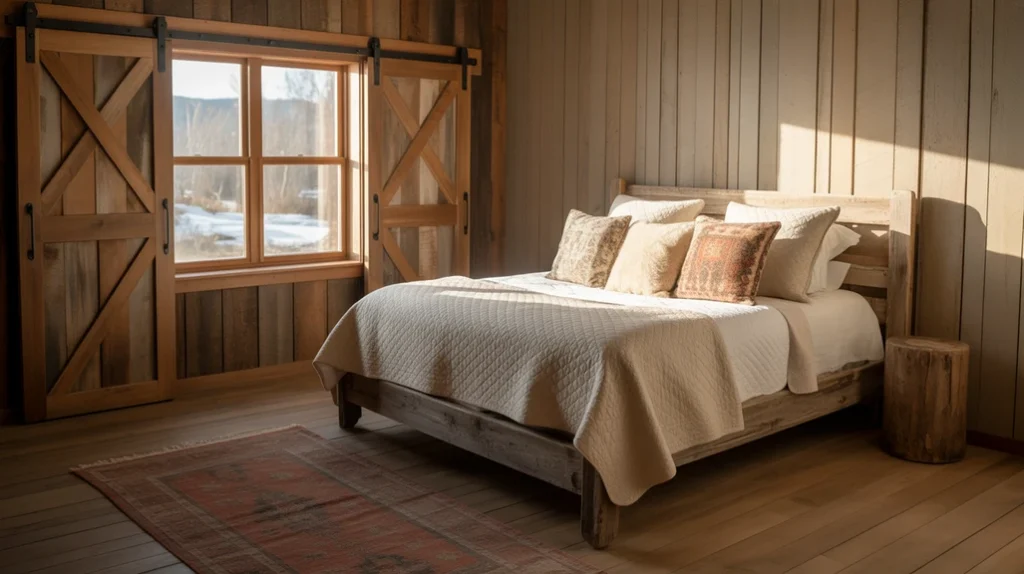 Rustic bedroom barn door design with wood-paneled walls and farmhouse charm