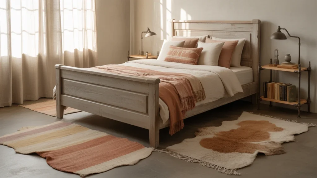 Rustic farmhouse bedroom styled with industrial and boho farmhouse touches.