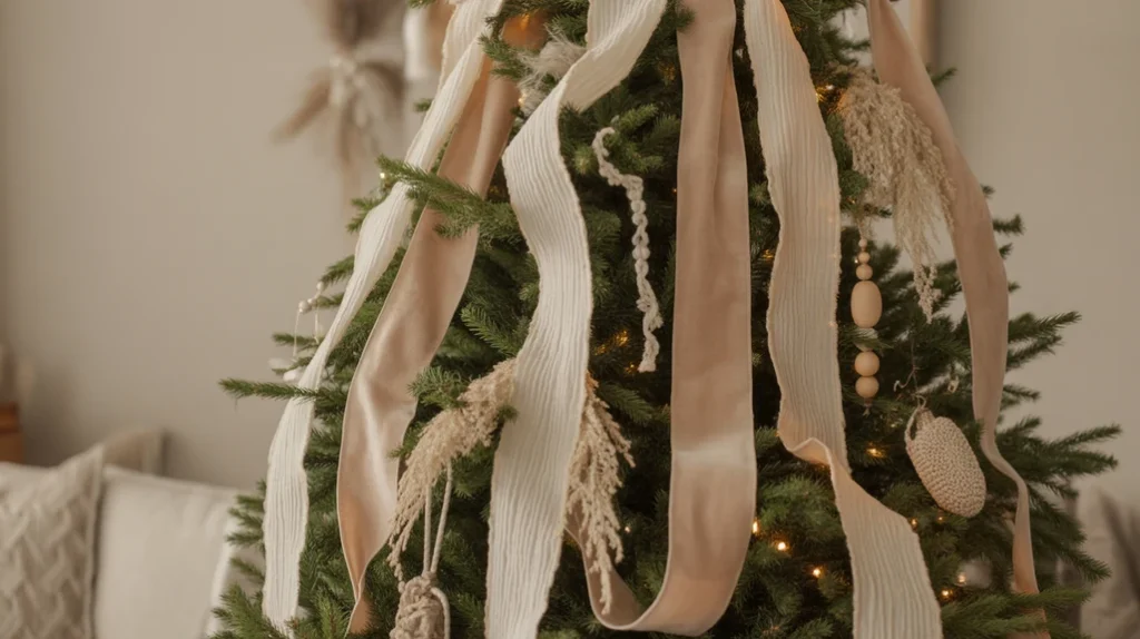 Christmas tree with linen and velvet ribbons in boho style.