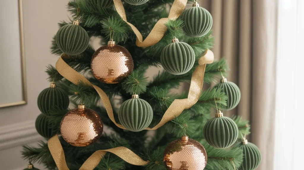 Green velvet and gold sequin details creating texture and glamour in Christmas decor.