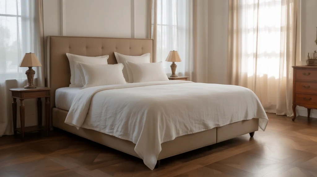 White and brown bedroom with crisp linens and natural wood tones