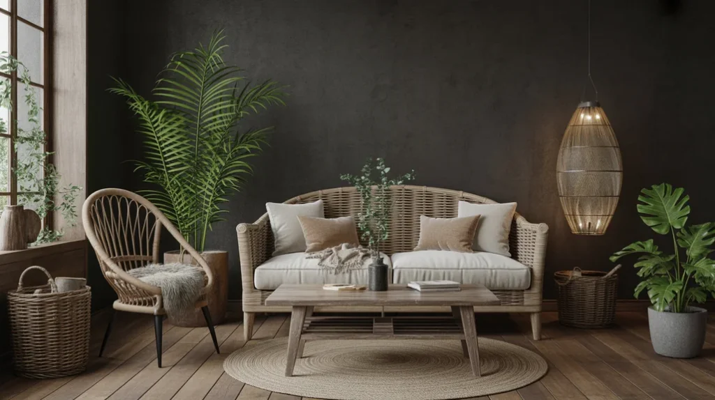 Wicker chair and rustic wood coffee table in a natural boho-inspired living room