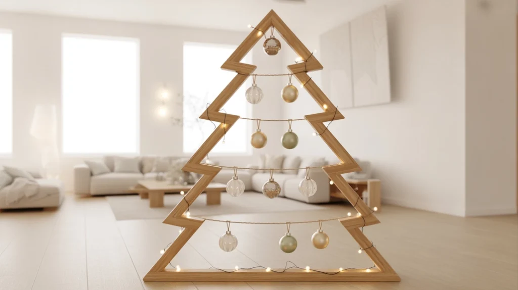 Wooden frame tree with hanging ornaments and soft lighting — Japandi minimalist Christmas tree design.