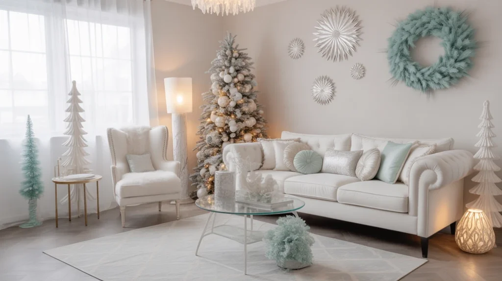 frosted mint and ivory color palette showing winter home decor with silver accents and airy Christmas atmosphere.