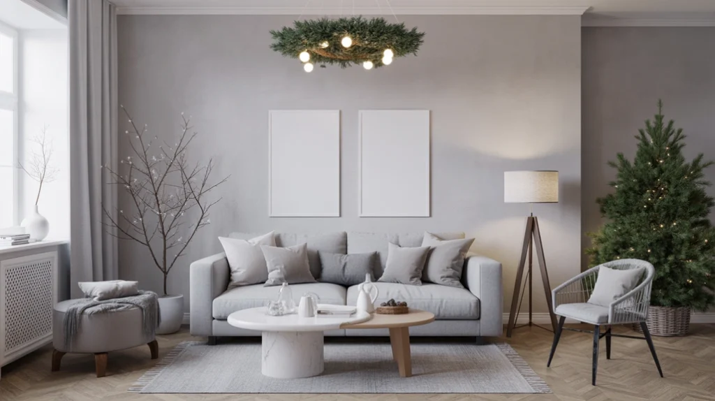 Scandinavian winter palette with frosty grey tones, pine branches, and candlelight for a cozy Christmas vibe.