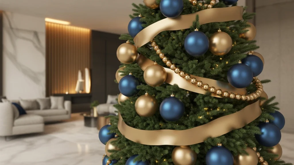 Blue and champagne Christmas tree combining matte blue ornaments, champagne ribbon, and metallic garlands for a soft holiday glow.