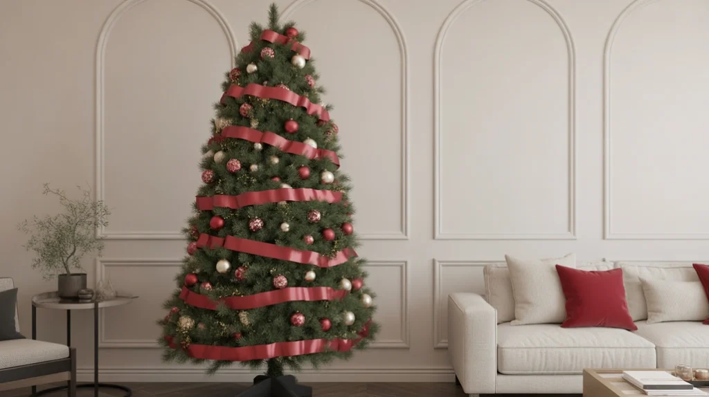 Elegant red and matte gold Christmas tree featuring satin ribbons and frosted ornaments for refined holiday décor.