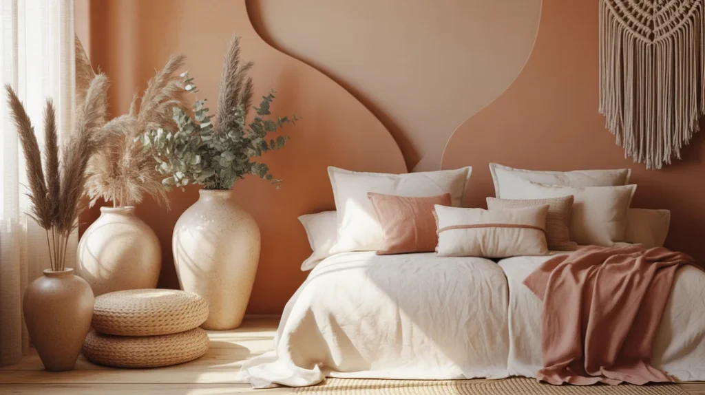 Boho-modern Christmas setting in linen white and terracotta palette with clay ornaments and ceramic vases.