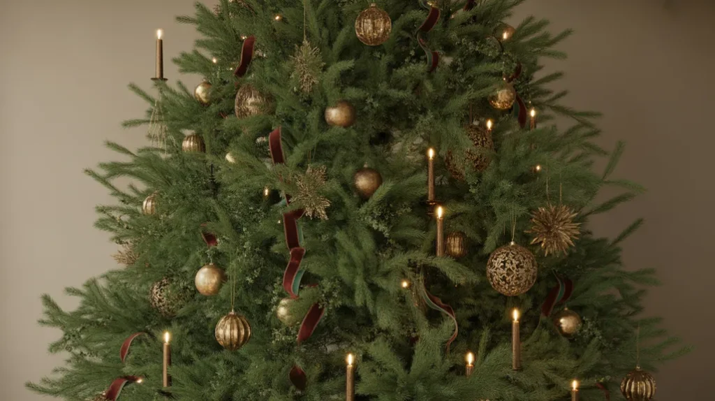 Pine-green tree with antique gold ornaments and bronze candlelight for an elegant vintage look.