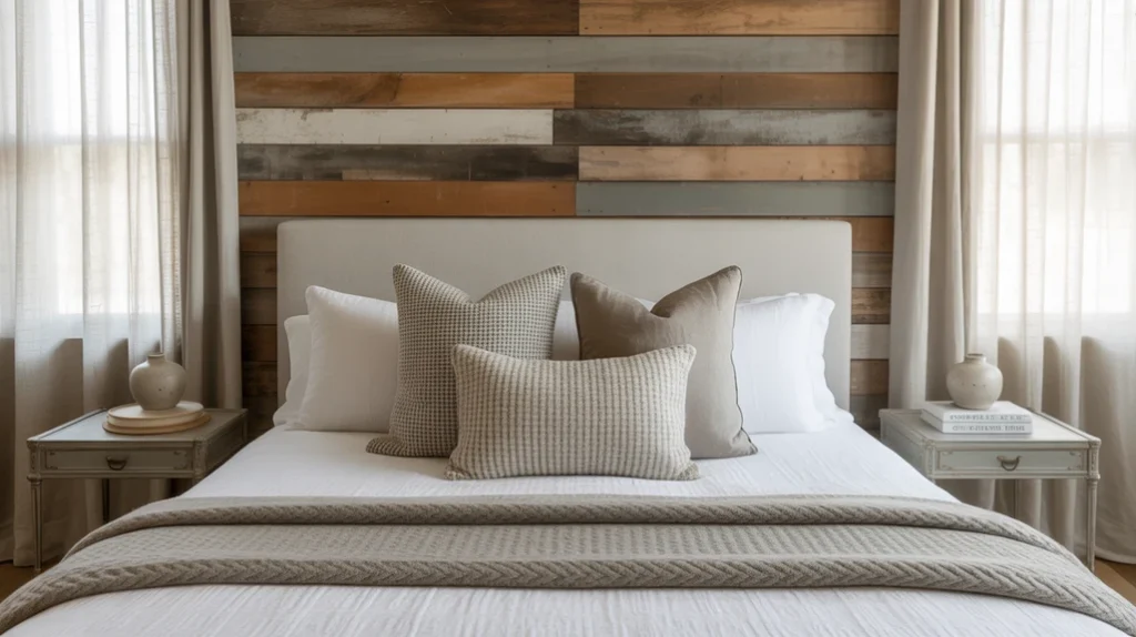 Bedroom with a reclaimed wood accent wall styled with rustic farmhouse décor.