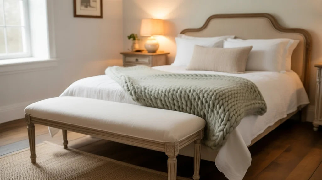 Upholstered bench at foot of bed in modern farmhouse bedroom design.