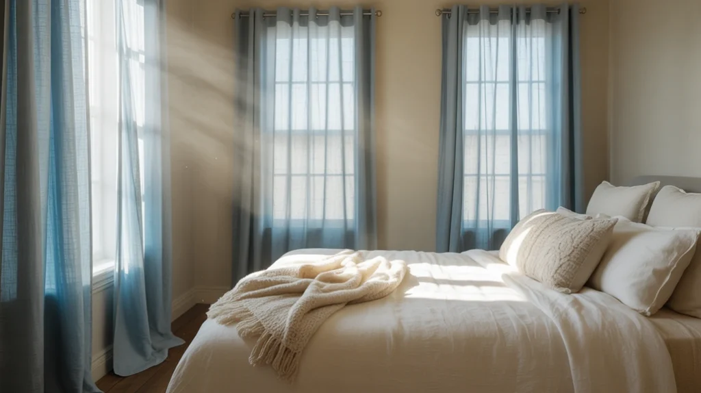 Elegant blue curtains complementing cream walls in a calm blue and cream bedroom.